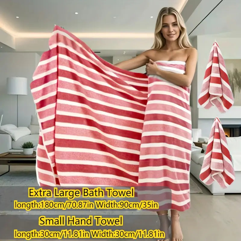 3 Pieces Oversized Bath Towels Set with Three-Color Stripe Design, Includes 1 Large Bath Towel and 2 Washcloths, Super Absorbent Soft Fluffy Fabric Towel Sets, Striped Towels