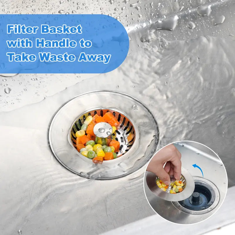 Hibbent Modern 3-in-1 Universal Stainless Steel Kitchen Sink Drainer Set - Ergonomic Sink Plug, Food Particle Filter, Advanced Odor Removal Drainer, ABS Smooth Handle for US Standard 3-1/2" Anti-Clog Clean