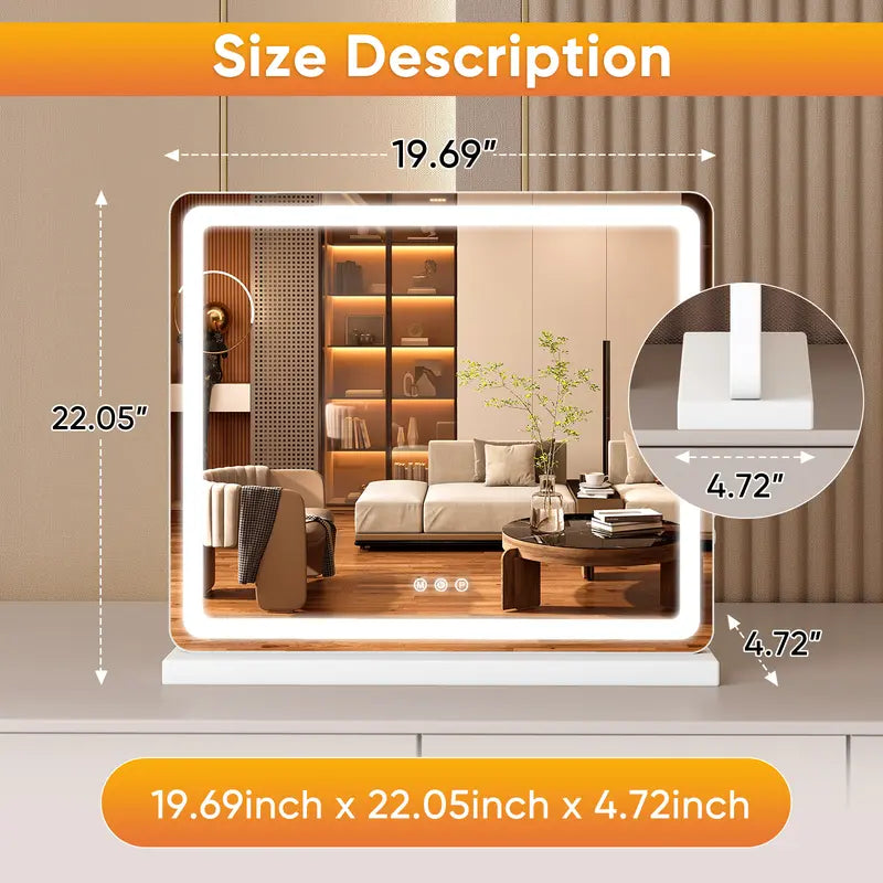 Sweetcrispy Rectangular Smart LED Dimmable Interior Lighted Vanity Mirror - Small Tabletop LED Cosmetic Mirror with Smart Touch Control, Adjustable Lighting, Multi-Size Options (19x22in, 22x32in)