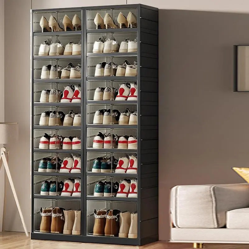 9-Tier Foldable Plastic Shoe Rack Organizer - Multilayer Display, Closet Organizer, Dust-Free Access, 18-Pair Capacity, Collapsible Stackable Magnetic Design, Fast 3-5 Min Setup, Compact Storage for Tiny Spaces (For Families/Individuals)