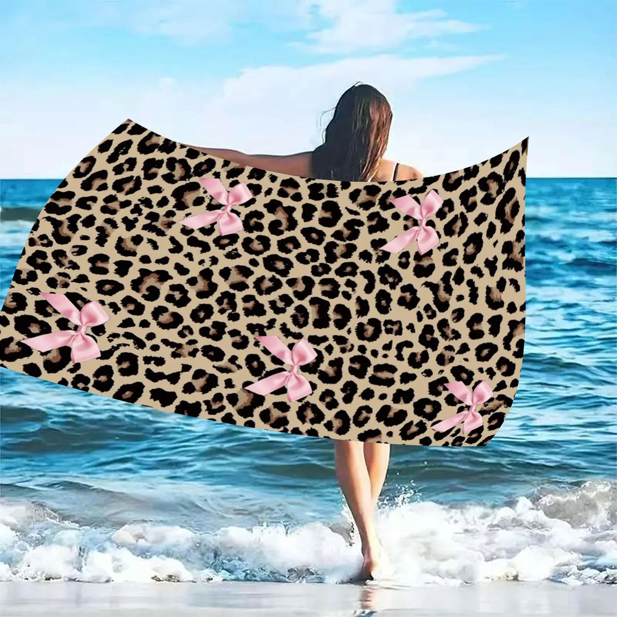 Leopard Print Bow Pattern Beach Towel, Soft Quick Drying Microfiber Towel, Strong Wrap Design for Beach and Pool Use, Versatile Use, Quick Drying Towels