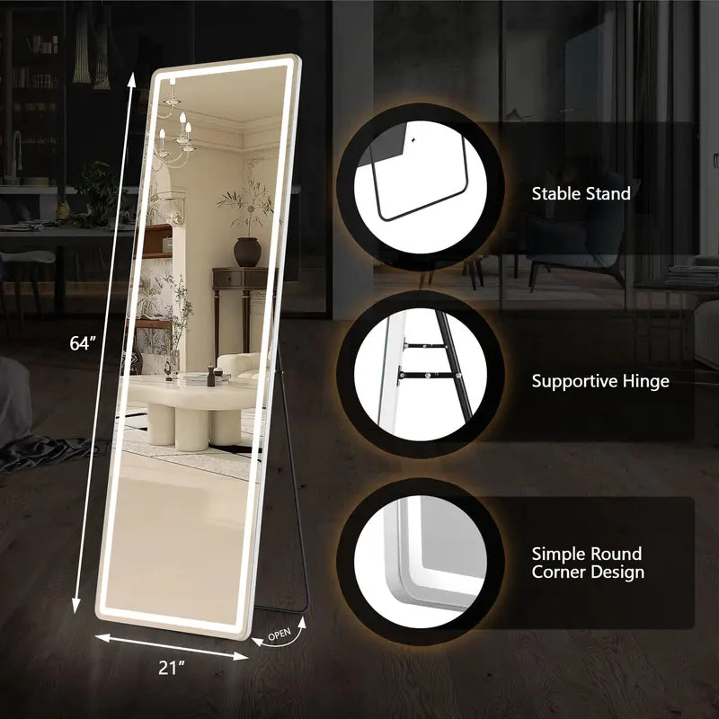 Floor Mirror Stand Mirror Full Length with LED Lights, Floor Mirror Dimming & 3 Color Lighting, Led Dimmable Mirror