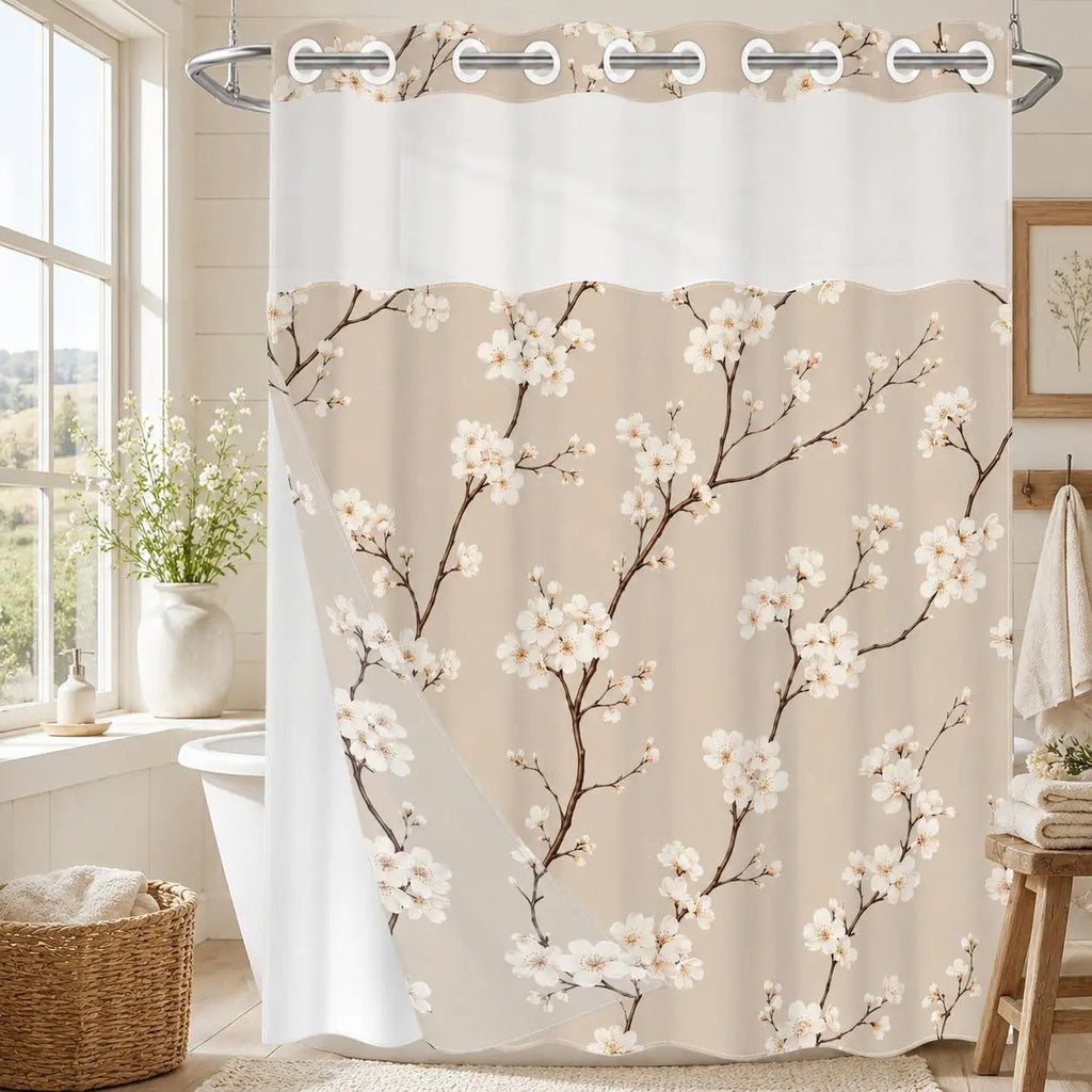 1Pc Hookless Double Layer Aesthetic Shower Curtain, Beige Cherry Blossom Floral Print, Minimal Farmhouse Bathroom Decor, Water Repellent Washable Fabric, Removable Snap-in Liner, Top See-Through Window, For Apartment