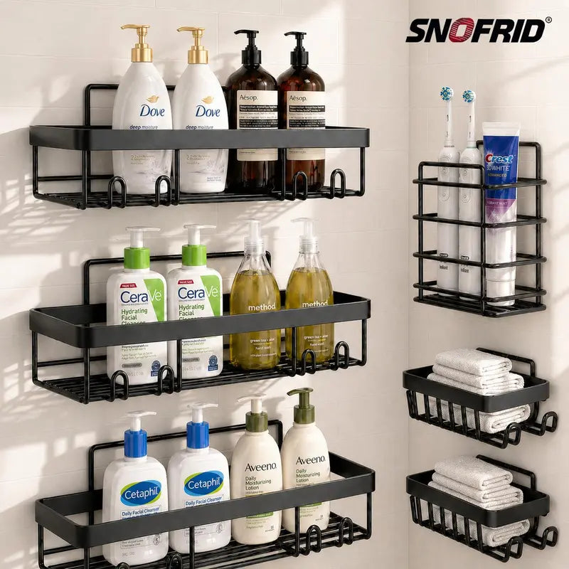 【DealsForYouDays】Snofrid Stainless Steel Shower Caddy 6-Pack, Modern Sturdy Shelves Keep Bottles Steady, Advanced Rustproof Waterproof Bath Accessories, No-Drilling Adhesive Shelves with Soap & Toothbrush Holders, Large-Capacity Wall-Mounted Organizer, Me