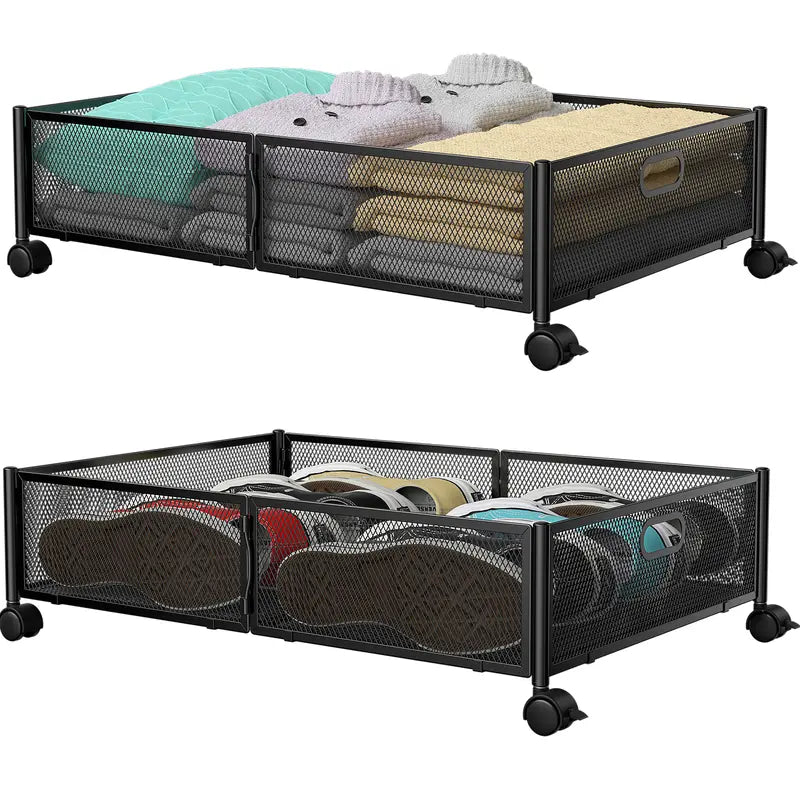 Flycity 2-Pack Under Bed Open Storage Bins with Rotating Wheels - Durable Foldable Space-Saving Closet Storage Box, Easy Access Organizer for Bedroom Clothes, Shoes (Black/White)