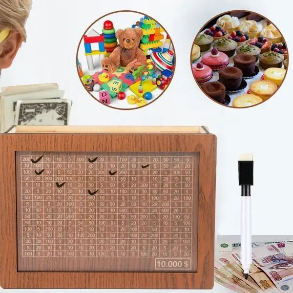 Wooden Money Saving Box for Cash, $10K Savings Challenge Piggy Bank, Gift for Kids Teens Adults, Decorative Cash Vault for Home Office Decor Cash Coin Jar Coin Bank