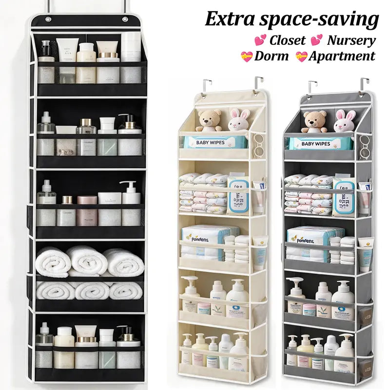 5-Tier Over The Door Hanging Storage Organizer, 10 Pockets for Nursery Door, Diaper Storage, 60lbs Capacity, Bathroom Door Organizer, Dorm Room Essentials, Extra Space Saving