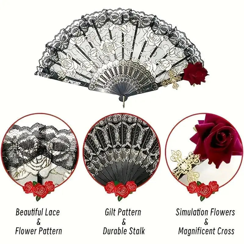 Lace Hand Fan, Floral Design, 1 Count Foldable Handheld Fan, Wedding Hand Fans for Wedding Favors, Birthday Parties, Home Decor, Room Decor, and Weddings