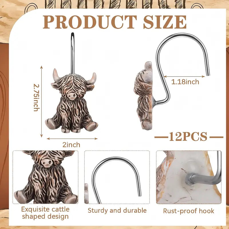 12Pcs Highland Cow Shower Curtain Hooks, Rustproof Stainless Steel Smooth Glide, Farmhouse Western Bathroom Decor for Rustic Home Guest Bath, Cute Cow Lover Gift Fall Halloween