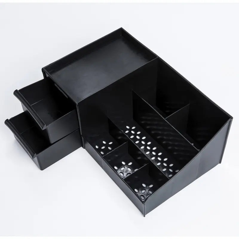 Black Desktop Compartment Storage Bin Cosmetic Organisers - 7 Slots for Gear, 2 Deep Drawer Stash, Drainable, Organization Ideas, Office/Kitchen Desk Vanity Accessory, Dorm Room Find (for Perfumes, Shaving Tools, Skincare Products)