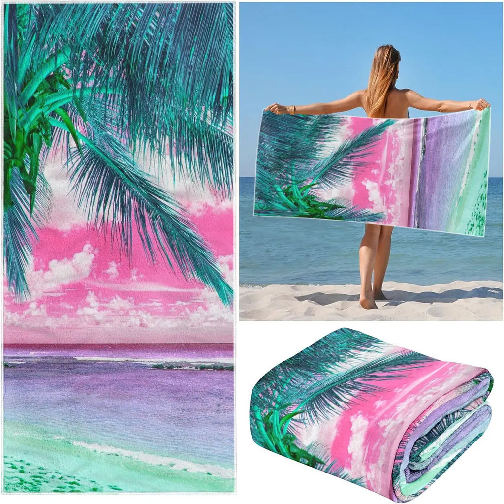 Comfortable Quick-Dry Beach Towel, Quick Drying Towel, Tropical Sunset Coconut Tree Sun Print Pattern, Ideal for Beach Pool Camping, Perfect Gift for Family Friends, Quick Dry Towels