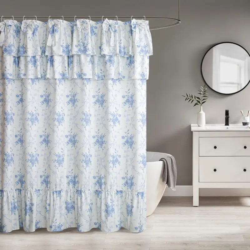 Yrztrk Retro Flower Polyester Shower Curtain with Ruffle, Handcrafted Big Bow Tie, 12 Hooks - Waterproof, Quick-Drying, Machine-Washable Decorative House Decor for Master Bathroom