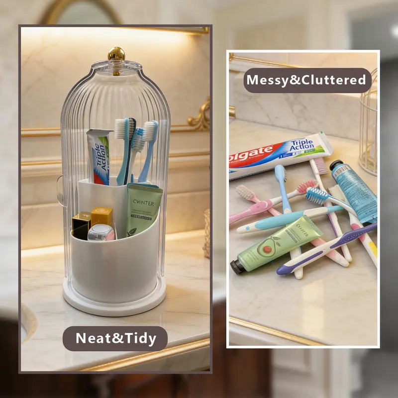 ABS Toothbrush Holder for Bathroom - 360-Degree Rotating, 10.62in 3-in-1 Sliding Lid Organizer with Multiple Slots for Brushes, Toothpaste, Space-Saving Modern Vanity Decor, Birthday/Anniversary Gift for Girlfriend/Daughter