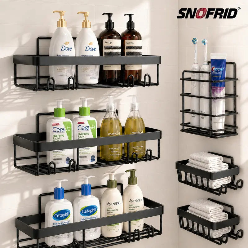 【DealsForYouDays】Snofrid 6-Pack Stainless Steel Bathroom Organizer - Advanced Rustproof Waterproof No-Drilling Adhesive Wall-Mounted Racks for Shower with Soap Dish, Toothbrush Holder, Modern Large-Capacity Shelves | Home Goods, Storage Organization