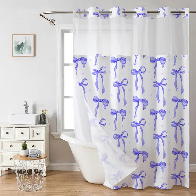 Polka Dot Bow Shower Curtain, Top Mesh Design Bathroom Curtain, Double Layers Without Hooks, Sweet Home Decoration, 72*75in