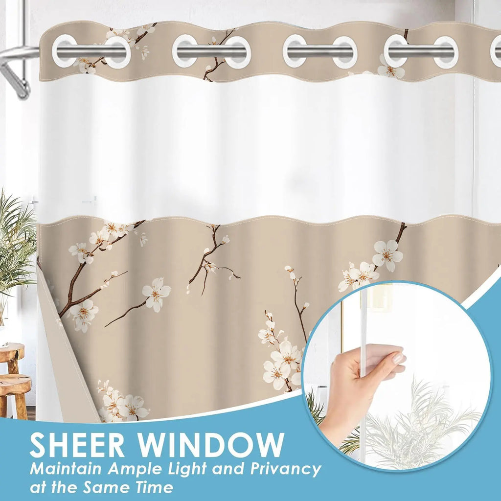 1Pc Hookless Double Layer Aesthetic Shower Curtain, Beige Cherry Blossom Floral Print, Minimal Farmhouse Bathroom Decor, Water Repellent Washable Fabric, Removable Snap-in Liner, Top See-Through Window, For Apartment