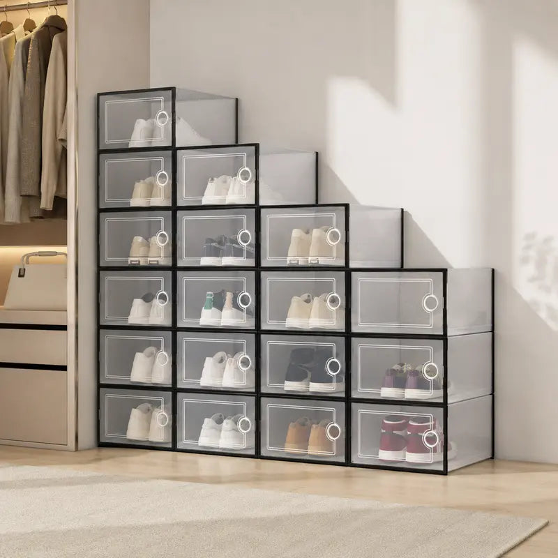 Premium Plastic Stackable Shoe Storage Container - Durable Clear-Based Home Organizer with Magnetic Door, Foldable Design, Entryway Organizer, Closet Storage, Display Rack, Square Sneaker Protection, Entryway Shoe Organizer