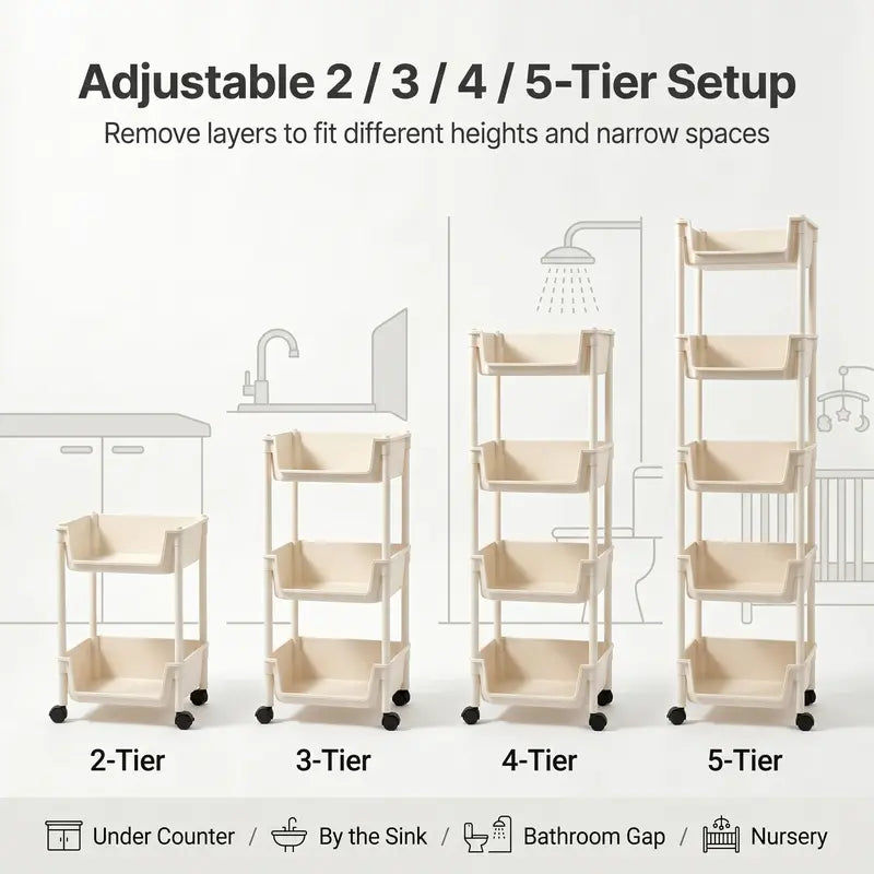 Rolling Storage Cart with Wheels, Multi-Layer Freestanding Shelf, Adjustable Space Saving Plastic Organizer for Bedroom Bathroom Kitchen Living Room, Portable Home Storage Unit, Easy Install, 2026 Semiannual Sale