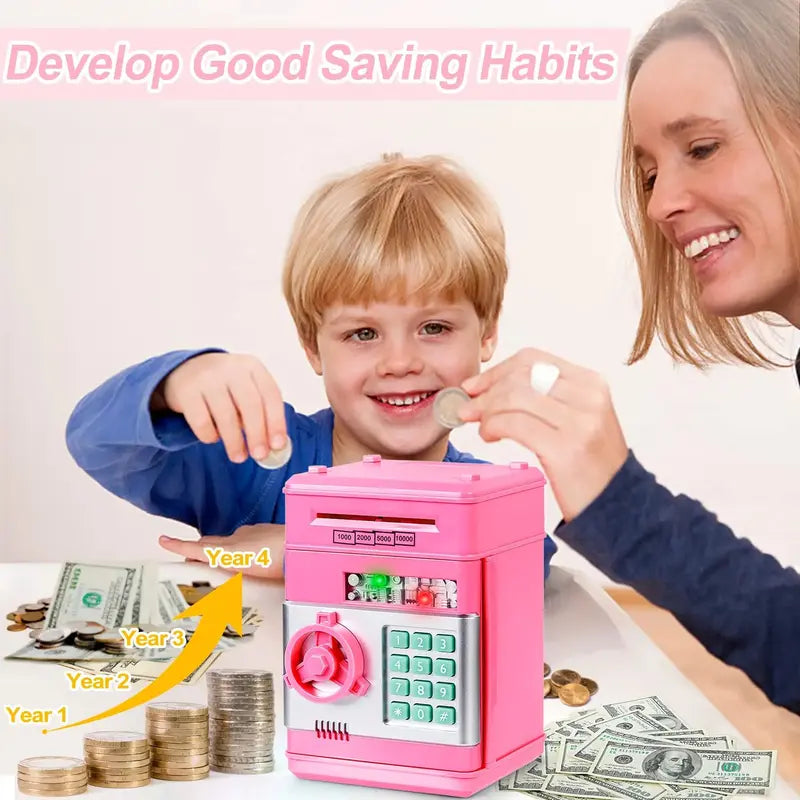 Digital Password Piggy Bank Mini ATM Safe with Auto Roll Bill, Electronic Money Saving Box for Boys & Girls Ages 3-12, Ideal Birthday & Christmas Gift for Kids