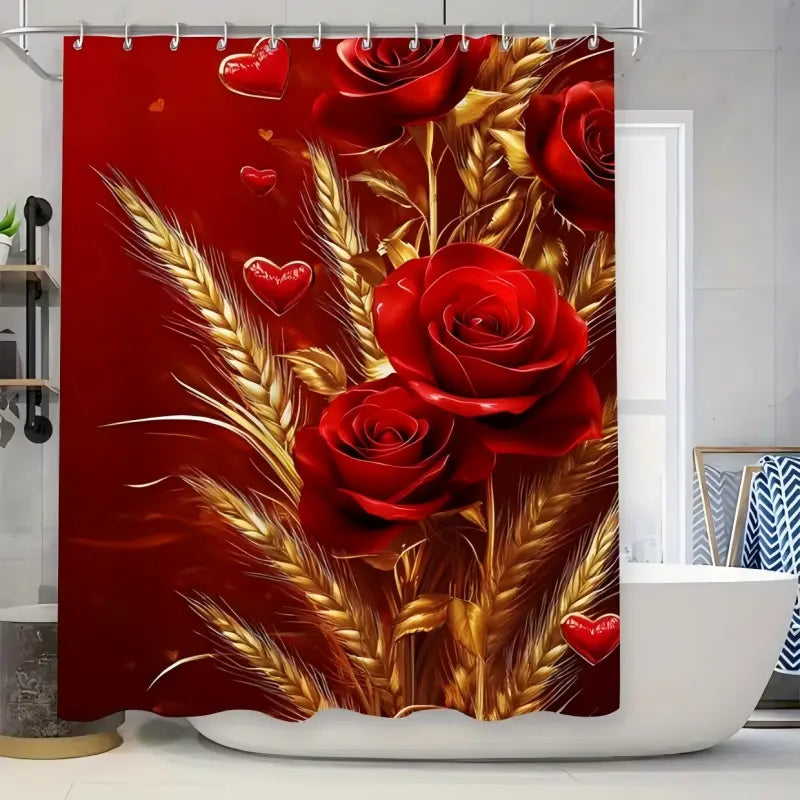 4PC Bathroom Shower Curtain Set - Red Roses & Wheat Ears Design, U-Shaped Mats, Toilet Seat Covers, 12 Hooks, Quick Dry, Machine Washable, Bathroom Decor Ideas