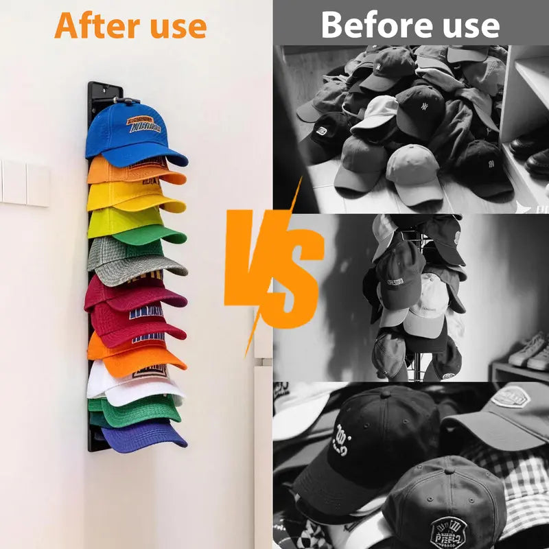 HYPEBAR 2-Pack Wall Mounted Hat Organizer - Wall Mounted Hanger with Built-in Spring Clips, 7+ Layer Shelves, Adhesive & Screws, Door/Floor Space Saver (Holds 20 Baseball Caps), Adjustable Black/Multi-Color Plastic Hanging Racks for Clothes Storage