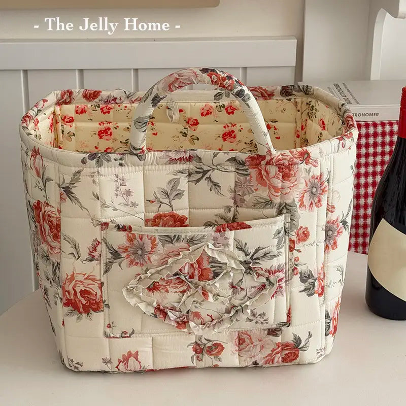 Women's Quilted Retro Peony Purse Tote Handbag - 32 * 25 * 26Cm, Large-Capacity, Lightweight, Collapsible Polyester Organizer for Home&Travel Storage