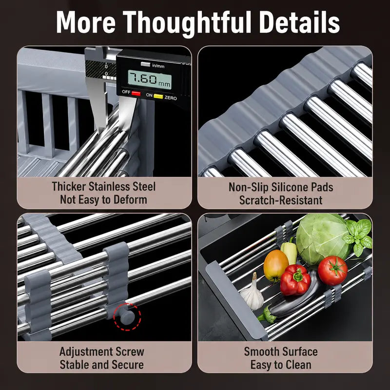 Adjustable Stainless Steel Dish Rack,Expandable Over Sink Rack for Fruits & Vegetables, Kitchen Supplies Stainless Steel Dish Drying Rack, Space Saving ,Kitchen Sink Organizer