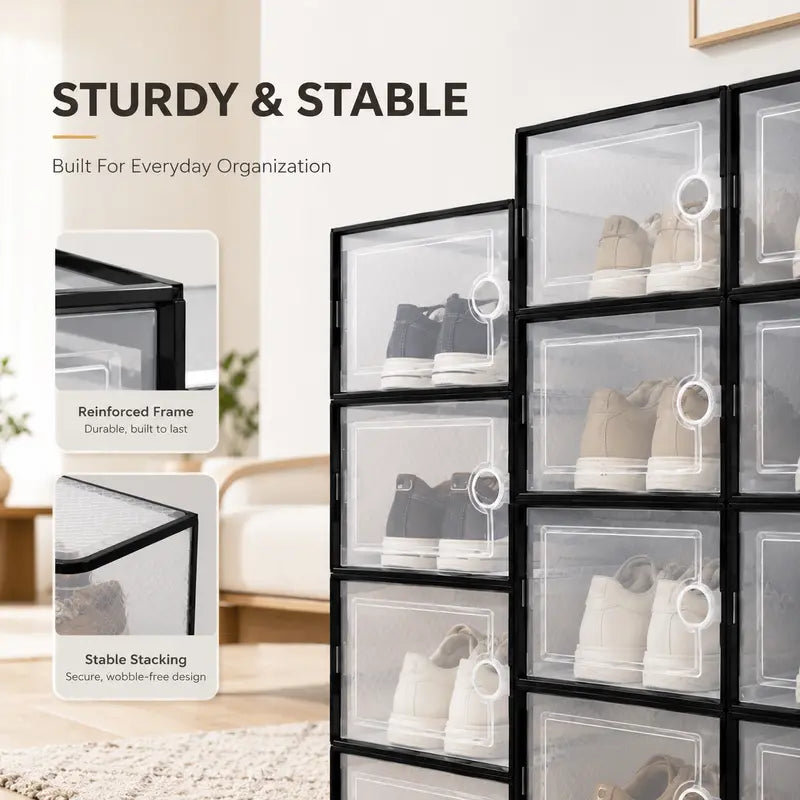 Premium Plastic Stackable Shoe Storage Container - Durable Clear-Based Home Organizer with Magnetic Door, Foldable Design, Entryway Organizer, Closet Storage, Display Rack, Square Sneaker Protection, Entryway Shoe Organizer