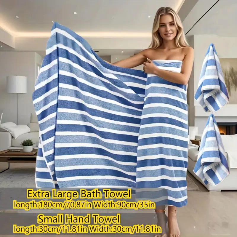 3 Pieces Oversized Bath Towels Set with Three-Color Stripe Design, Includes 1 Large Bath Towel and 2 Washcloths, Super Absorbent Soft Fluffy Fabric Towel Sets, Striped Towels