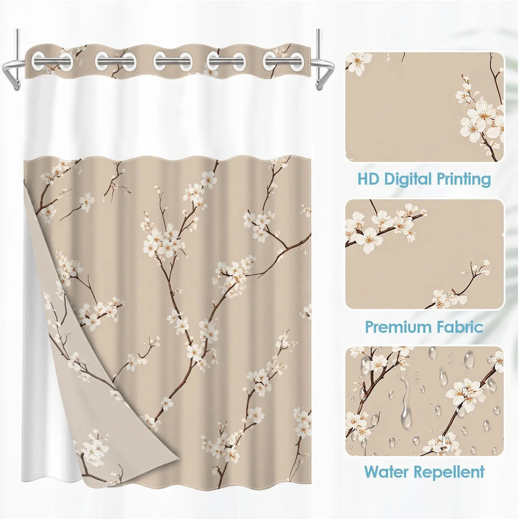 1Pc Hookless Double Layer Aesthetic Shower Curtain, Beige Cherry Blossom Floral Print, Minimal Farmhouse Bathroom Decor, Water Repellent Washable Fabric, Removable Snap-in Liner, Top See-Through Window, For Apartment