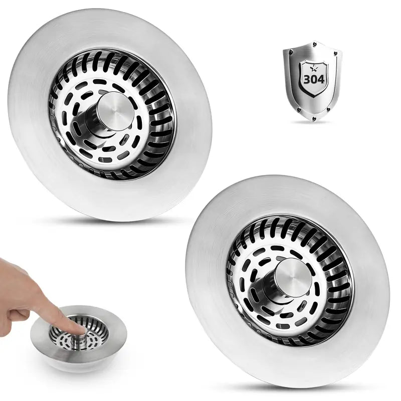 Hibbent Modern 3-in-1 Universal Stainless Steel Kitchen Sink Drainer Set - Ergonomic Sink Plug, Food Particle Filter, Advanced Odor Removal Drainer, ABS Smooth Handle for US Standard 3-1/2" Anti-Clog Clean