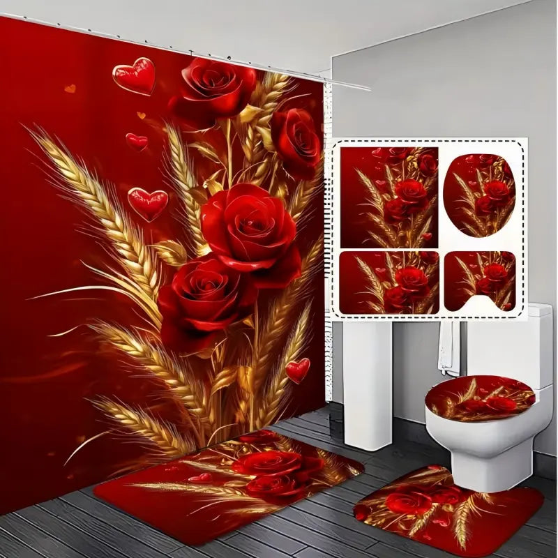 4PC Bathroom Shower Curtain Set - Red Roses & Wheat Ears Design, U-Shaped Mats, Toilet Seat Covers, 12 Hooks, Quick Dry, Machine Washable, Bathroom Decor Ideas