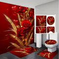 4PC Bathroom Shower Curtain Set - Red Roses & Wheat Ears Design, U-Shaped Mats, Toilet Seat Covers, 12 Hooks, Quick Dry, Machine Washable, Bathroom Decor Ideas