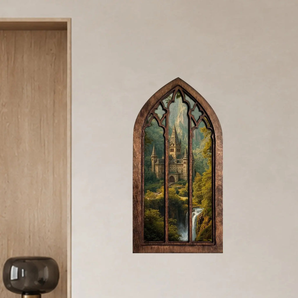 Gothic Window Wall Art, Medieval Castle Wood Frame, Fantasy Landscape 3D Layered Plywood, Dark Academia Home Decor, Decorative Artwork for Wall Display