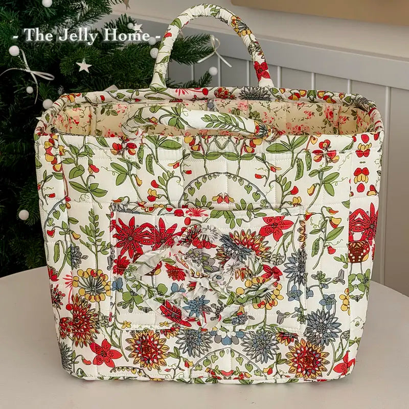 Women's Quilted Retro Peony Purse Tote Handbag - 32 * 25 * 26Cm, Large-Capacity, Lightweight, Collapsible Polyester Organizer for Home&Travel Storage