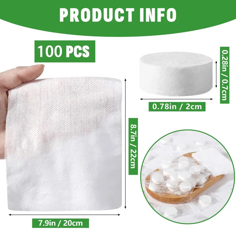 100 PCS Compressed Towel Tablets - Lightweight Soft Wipe, Soft Cleaning Disposable Item, Portable Camping Supply for Home, Travel, Lightweight Soft Towel