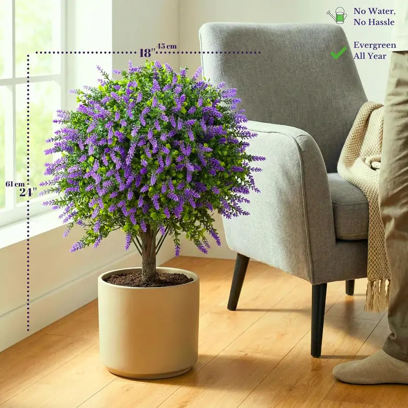 Artificial Boxwood Topiary Ball - 24in UV-Resistant Faux Shrub with Lavender Accent, High-Density PE Leaves, Wood-Effect Trunk, Ground Spike Base, Set of 2 for Porch, Entryway, Patio Decor