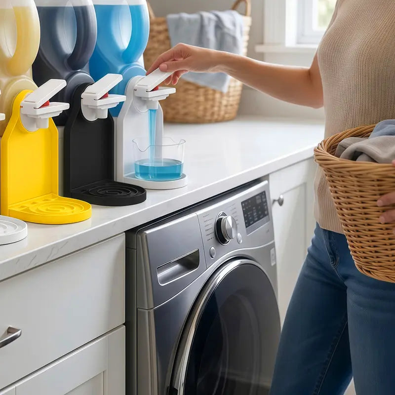 2-Pack Laundry Detergent Cup Holder Dispenser for Home Organization - Soap-Compatible, Upgraded Nozzle Button for Precise Control, Leak-Proof Drip Tray, Made for Tidy Laundry Room Storage