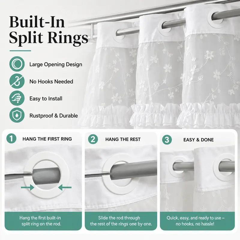 Green Elegant Hookless Ruffle Shower Curtain with Embroidered Sheer Top, Dual Removable Waterproof Panels, Machine Washable Bathroom Curtain，71*74 IN