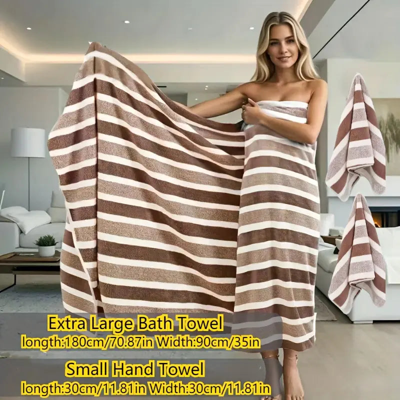 3 Pieces Oversized Bath Towels Set with Three-Color Stripe Design, Includes 1 Large Bath Towel and 2 Washcloths, Super Absorbent Soft Fluffy Fabric Towel Sets, Striped Towels