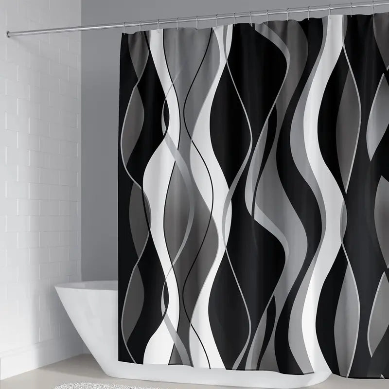 4 count Black Shower Curtain Sets with Non-Slip Rugs, Toilet Lid Cover and Bath Mat, Black and Gray Bathroom Decor Set Accessories Fabric  Shower Curtains with 12 Hooks, 72 x 72 Inch