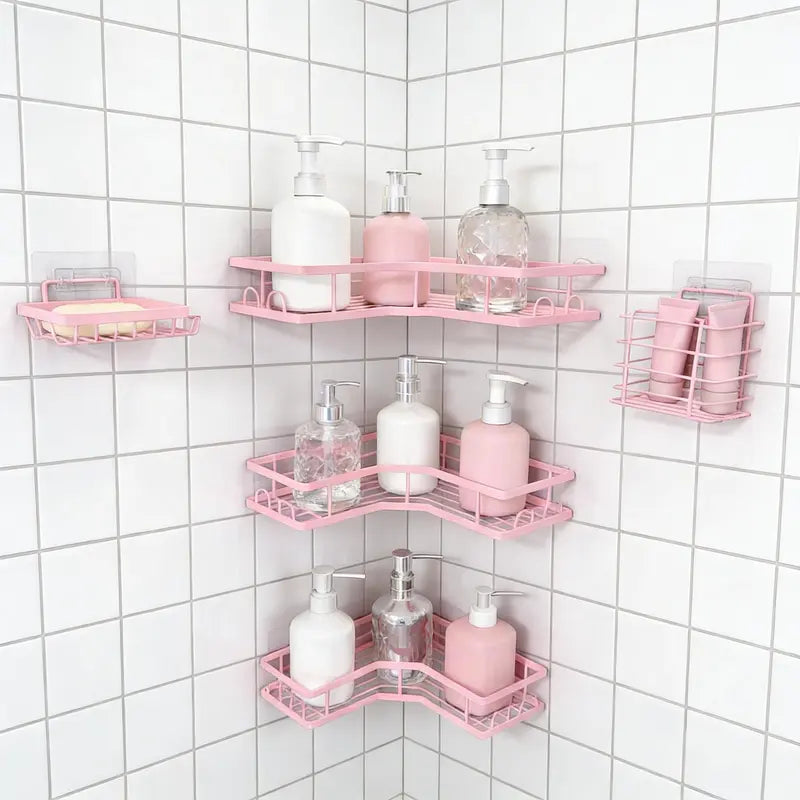 Black 5-Piece Heavy-Duty No-Drill Adhesive Shower Caddy Set - Rustproof Waterproof Eco-Friendly Wall Shelves with Toothbrush Soap Holder, Home Accessory, Shower Organizer for Clutter-Free Bathroom Storage