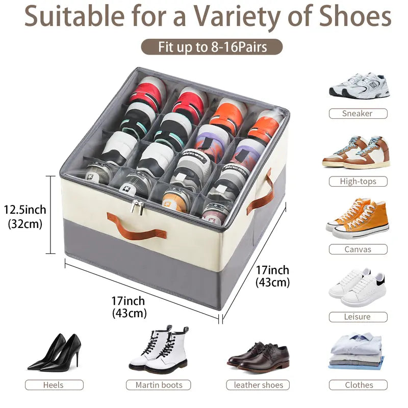 Durable Shoe Organizer Boxes, Dust Proof Fabric Shoe Storage Box with Adjustable Dividers, Compartments, Foldable Design, 8-16 Pairs Capacity, Bedroom Home Storage Organization Solution for Dorm Students