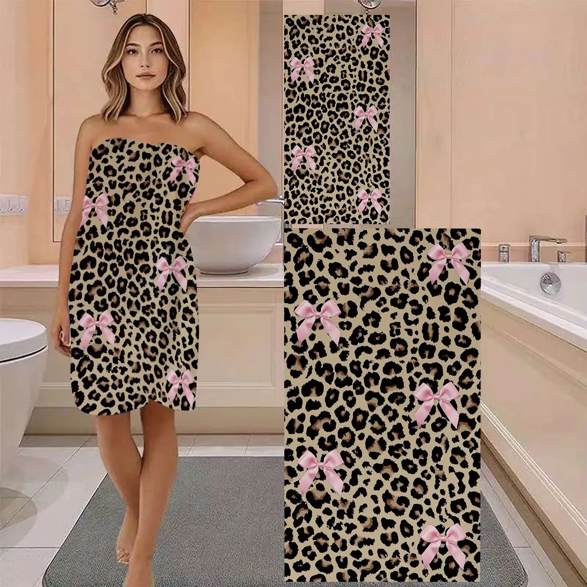 Leopard Print Bow Pattern Beach Towel, Soft Quick Drying Microfiber Towel, Strong Wrap Design for Beach and Pool Use, Versatile Use, Quick Drying Towels