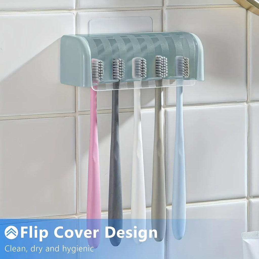 5-Slot Toothbrush Holder with Lid, Self-adhesive Wall Toothbrush Storage Rack, Plastic Bathroom Supplies, Suitable for Dormitories and Showers, Bathroom Accessory, Toothbrush Holders For Bathrooms