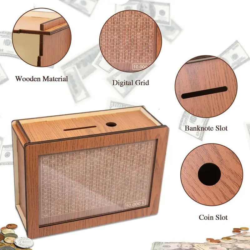 Wooden Money Saving Box for Cash, $10K Savings Challenge Piggy Bank, Gift for Kids Teens Adults, Decorative Cash Vault for Home Office Decor Cash Coin Jar Coin Bank