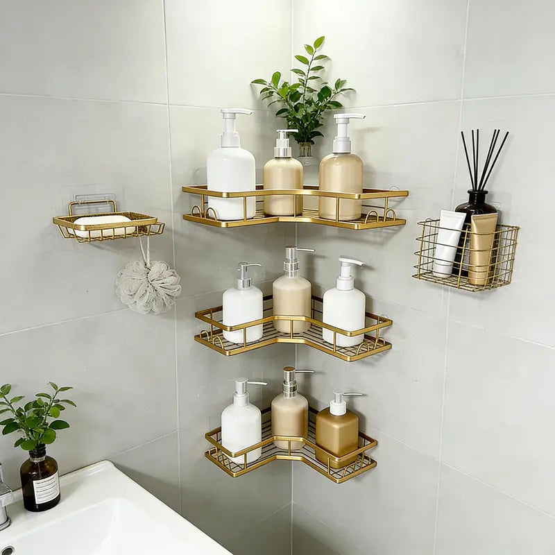 Black 5-Piece Heavy-Duty No-Drill Adhesive Shower Caddy Set - Rustproof Waterproof Eco-Friendly Wall Shelves with Toothbrush Soap Holder, Home Accessory, Shower Organizer for Clutter-Free Bathroom Storage