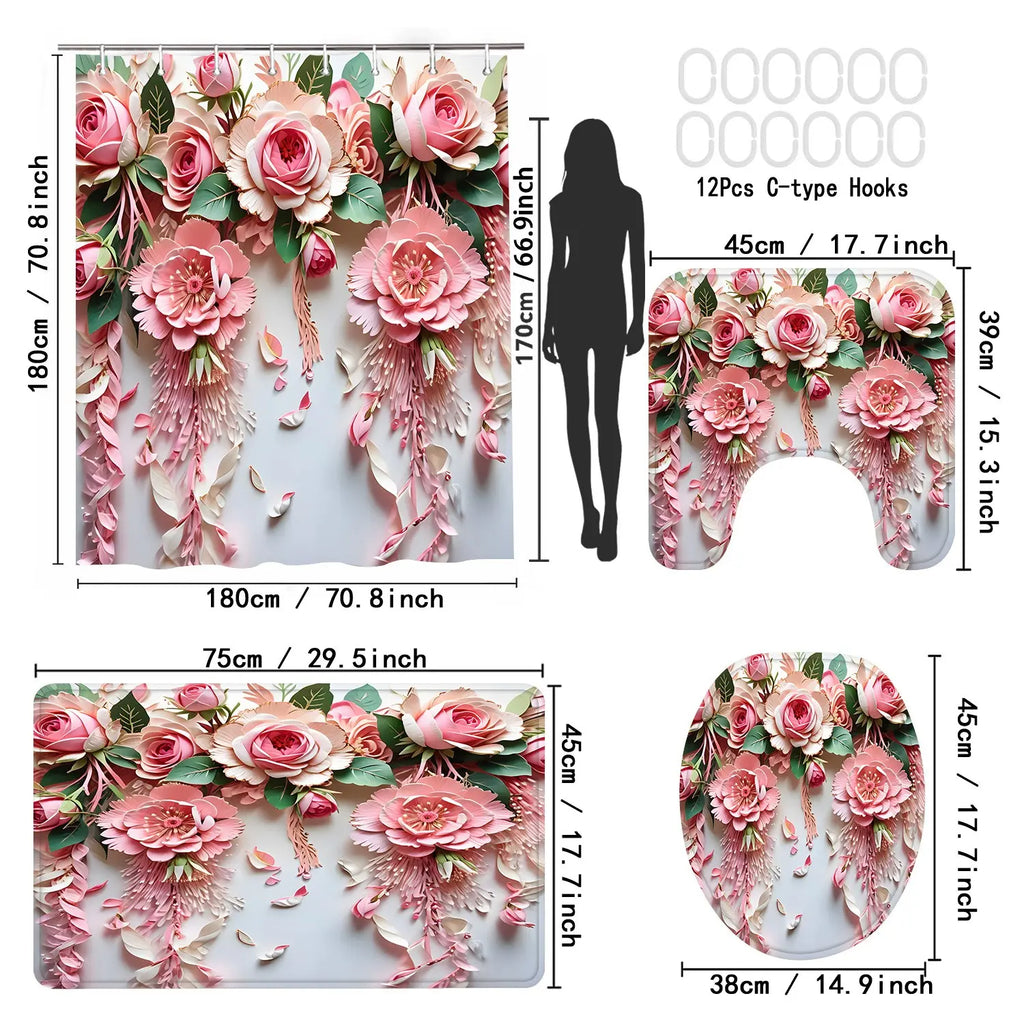 Floral Print Bathroom Decor Set, 1 Count Only Shower Curtain Or 4 Counts/set Including Shower Curtain & Toilet Mat & Bath Mat & Toilet Lid Cover, Home Goods