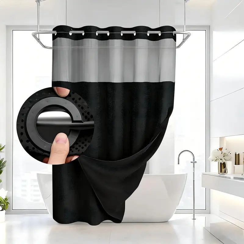 Hookless Shower Curtain – Available in 3 Colors and Multiple Sizes Includes a snap-on fabric liner set — hotel style with clear mesh top window, machine washable.