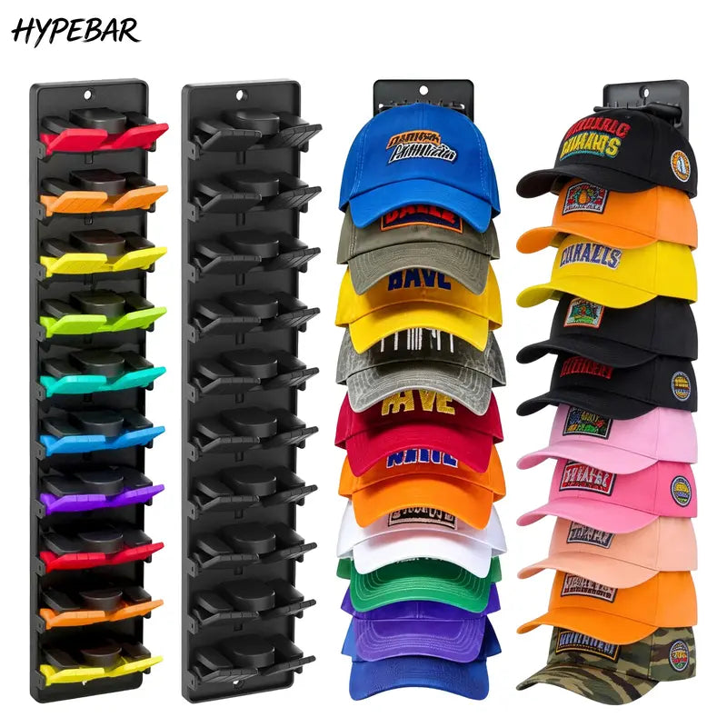HYPEBAR 2-Pack Wall Mounted Hat Organizer - Wall Mounted Hanger with Built-in Spring Clips, 7+ Layer Shelves, Adhesive & Screws, Door/Floor Space Saver (Holds 20 Baseball Caps), Adjustable Black/Multi-Color Plastic Hanging Racks for Clothes Storage
